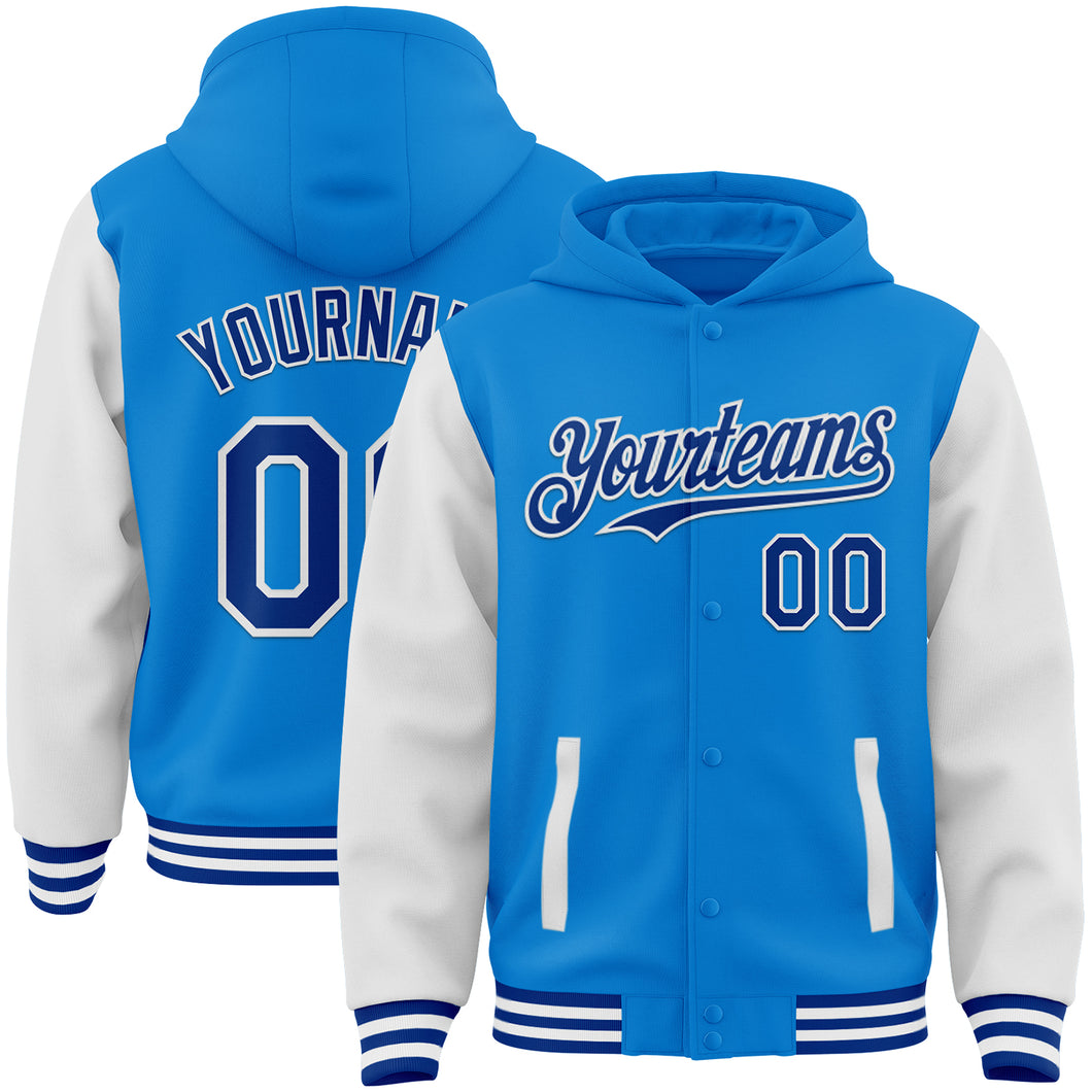 Custom Powder Blue Royal-White Bomber Full-Snap Varsity Letterman Two Tone Hoodie Jacket