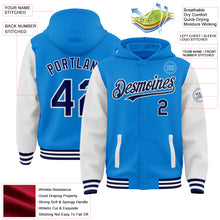 Load image into Gallery viewer, Custom Powder Blue Navy-White Bomber Full-Snap Varsity Letterman Two Tone Hoodie Jacket
