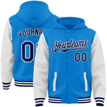 Load image into Gallery viewer, Custom Powder Blue Navy-White Bomber Full-Snap Varsity Letterman Two Tone Hoodie Jacket
