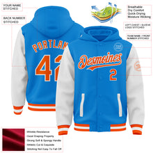 Load image into Gallery viewer, Custom Powder Blue Orange-White Bomber Full-Snap Varsity Letterman Two Tone Hoodie Jacket
