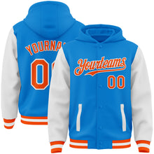 Load image into Gallery viewer, Custom Powder Blue Orange-White Bomber Full-Snap Varsity Letterman Two Tone Hoodie Jacket
