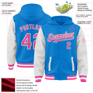 Custom Powder Blue Pink-White Bomber Full-Snap Varsity Letterman Two Tone Hoodie Jacket