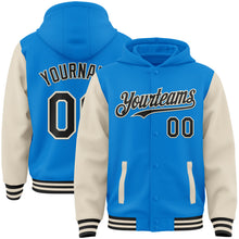 Load image into Gallery viewer, Custom Powder Blue Black-Cream Bomber Full-Snap Varsity Letterman Two Tone Hoodie Jacket
