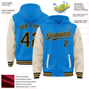 Custom Powder Blue Black Cream-Old Gold Bomber Full-Snap Varsity Letterman Two Tone Hoodie Jacket