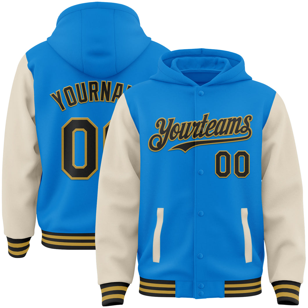 Custom Powder Blue Black Cream-Old Gold Bomber Full-Snap Varsity Letterman Two Tone Hoodie Jacket