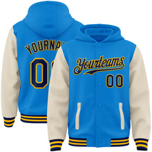 Load image into Gallery viewer, Custom Powder Blue Navy Cream-Gold Bomber Full-Snap Varsity Letterman Two Tone Hoodie Jacket
