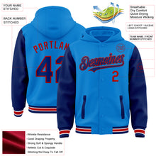 Load image into Gallery viewer, Custom Powder Blue Royal-Red Bomber Full-Snap Varsity Letterman Two Tone Hoodie Jacket
