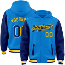 Load image into Gallery viewer, Custom Powder Blue Royal-Yellow Bomber Full-Snap Varsity Letterman Two Tone Hoodie Jacket
