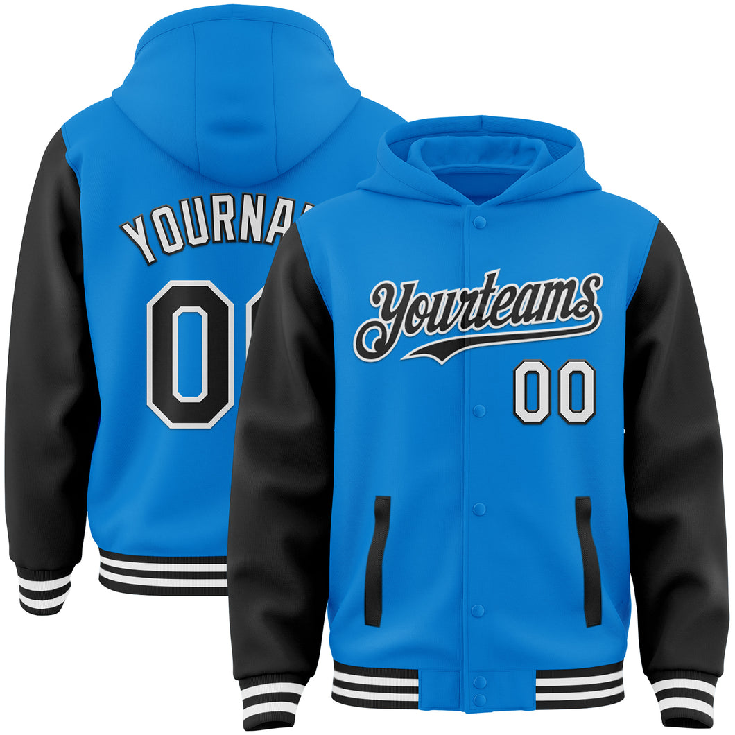 Custom Powder Blue Black-White Bomber Full-Snap Varsity Letterman Two Tone Hoodie Jacket