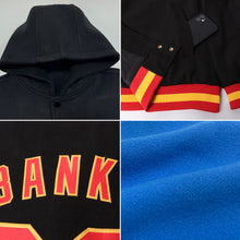 Load image into Gallery viewer, Custom Powder Blue Black-Gold Bomber Full-Snap Varsity Letterman Two Tone Hoodie Jacket
