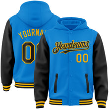 Load image into Gallery viewer, Custom Powder Blue Black-Gold Bomber Full-Snap Varsity Letterman Two Tone Hoodie Jacket
