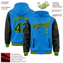 Load image into Gallery viewer, Custom Powder Blue Black-Neon Green Bomber Full-Snap Varsity Letterman Two Tone Hoodie Jacket
