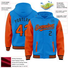 Load image into Gallery viewer, Custom Powder Blue Orange-Black Bomber Full-Snap Varsity Letterman Two Tone Hoodie Jacket
