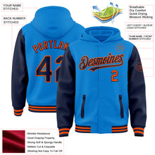 Load image into Gallery viewer, Custom Powder Blue Navy-Orange Bomber Full-Snap Varsity Letterman Two Tone Hoodie Jacket
