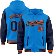 Load image into Gallery viewer, Custom Powder Blue Navy-Orange Bomber Full-Snap Varsity Letterman Two Tone Hoodie Jacket
