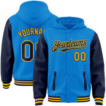 Load image into Gallery viewer, Custom Powder Blue Navy-Gold Bomber Full-Snap Varsity Letterman Two Tone Hoodie Jacket
