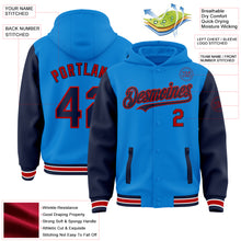 Load image into Gallery viewer, Custom Powder Blue Navy-Red Bomber Full-Snap Varsity Letterman Two Tone Hoodie Jacket
