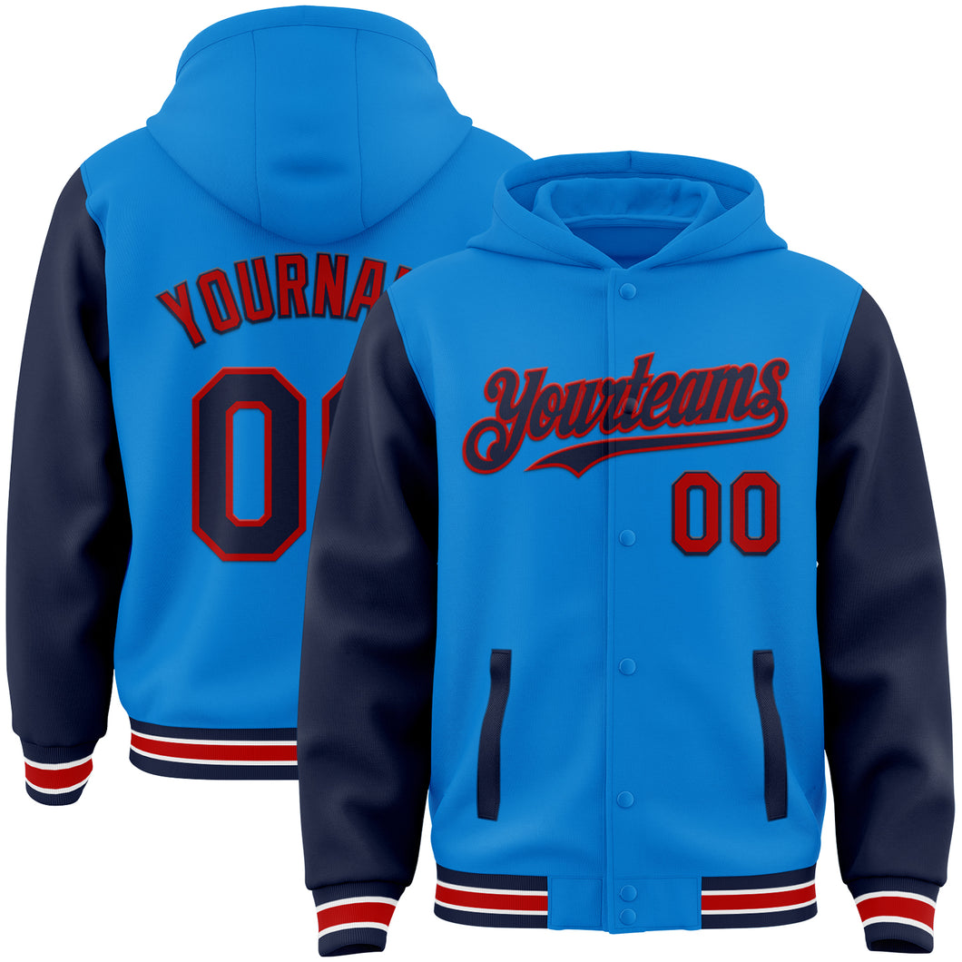 Custom Powder Blue Navy-Red Bomber Full-Snap Varsity Letterman Two Tone Hoodie Jacket