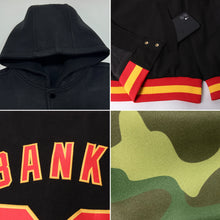 Load image into Gallery viewer, Custom Camo Black-Gold Bomber Full-Snap Varsity Letterman Salute To Service Hoodie Jacket
