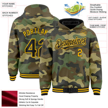 Load image into Gallery viewer, Custom Camo Black-Gold Bomber Full-Snap Varsity Letterman Salute To Service Hoodie Jacket
