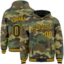 Load image into Gallery viewer, Custom Camo Black-Gold Bomber Full-Snap Varsity Letterman Salute To Service Hoodie Jacket
