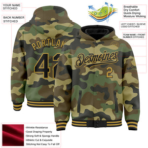 Custom Camo Black-Old Gold Bomber Full-Snap Varsity Letterman Salute To Service Hoodie Jacket