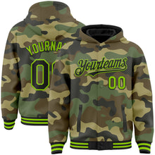 Load image into Gallery viewer, Custom Camo Black-Neon Green Bomber Full-Snap Varsity Letterman Salute To Service Hoodie Jacket
