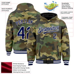 Custom Camo Navy-White Bomber Full-Snap Varsity Letterman Salute To Service Hoodie Jacket