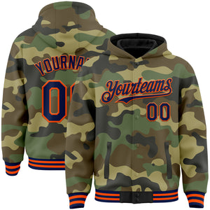 Custom Camo Navy-Orange Bomber Full-Snap Varsity Letterman Salute To Service Hoodie Jacket