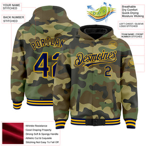 Custom Camo Navy-Gold Bomber Full-Snap Varsity Letterman Salute To Service Hoodie Jacket