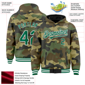 Custom Camo Kelly Green-White Bomber Full-Snap Varsity Letterman Salute To Service Hoodie Jacket