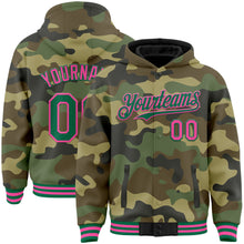 Load image into Gallery viewer, Custom Camo Kelly Green-Pink Bomber Full-Snap Varsity Letterman Salute To Service Hoodie Jacket
