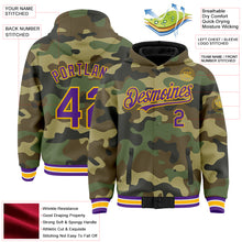 Load image into Gallery viewer, Custom Camo Purple-Gold Bomber Full-Snap Varsity Letterman Salute To Service Hoodie Jacket
