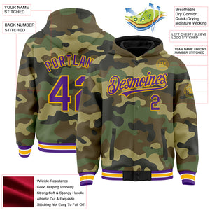 Custom Camo Purple-Gold Bomber Full-Snap Varsity Letterman Salute To Service Hoodie Jacket