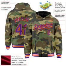 Load image into Gallery viewer, Custom Camo Purple-Orange Bomber Full-Snap Varsity Letterman Salute To Service Hoodie Jacket
