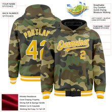 Load image into Gallery viewer, Custom Camo Gold-White Bomber Full-Snap Varsity Letterman Salute To Service Hoodie Jacket
