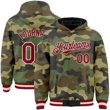 Load image into Gallery viewer, Custom Camo Maroon-Cream Bomber Full-Snap Varsity Letterman Salute To Service Hoodie Jacket
