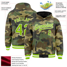 Load image into Gallery viewer, Custom Camo Neon Green-White Bomber Full-Snap Varsity Letterman Salute To Service Hoodie Jacket
