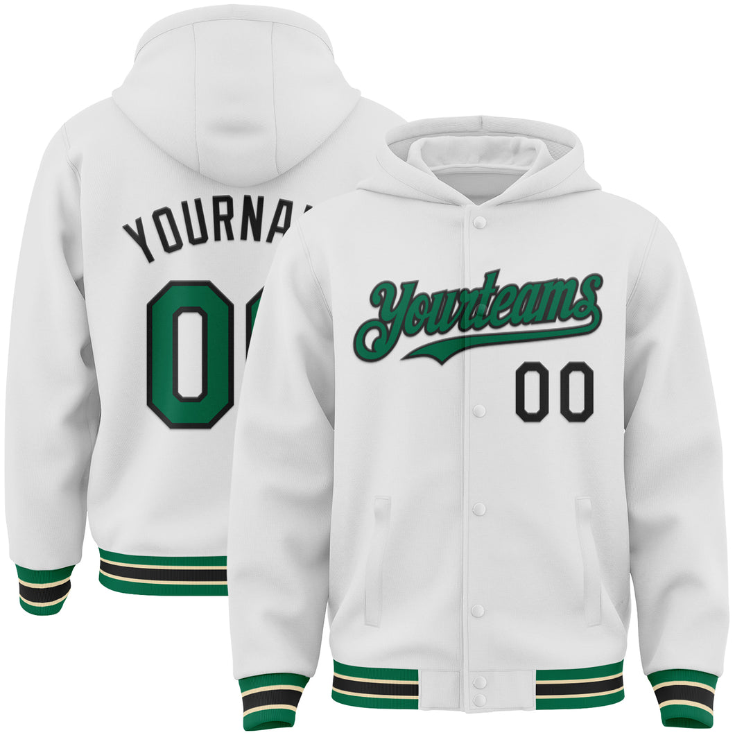 Custom White Kelly Green Black-Cream Bomber Full-Snap Varsity Letterman Hoodie Jacket