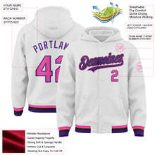 Load image into Gallery viewer, Custom White Pink Purple-Black Bomber Full-Snap Varsity Letterman Hoodie Jacket
