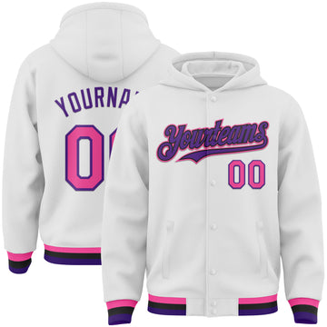 Custom White Pink Purple-Black Bomber Full-Snap Varsity Letterman Hoodie Jacket