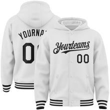 Load image into Gallery viewer, Custom White Black Bomber Full-Snap Varsity Letterman Hoodie Jacket
