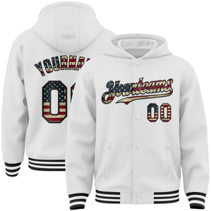 Custom White Vintage USA Flag-Black Bomber Full-Snap Varsity Letterman Hoodie Jacket