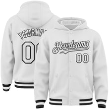 Load image into Gallery viewer, Custom White Black Bomber Full-Snap Varsity Letterman Hoodie Jacket
