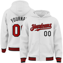 Load image into Gallery viewer, Custom White Red-Black Bomber Full-Snap Varsity Letterman Hoodie Jacket
