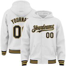 Load image into Gallery viewer, Custom White Black-Old Gold Bomber Full-Snap Varsity Letterman Hoodie Jacket
