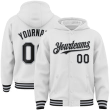 Load image into Gallery viewer, Custom White Black-Gray Bomber Full-Snap Varsity Letterman Hoodie Jacket
