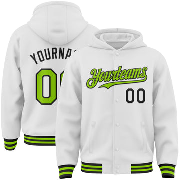 Custom White Neon Green-Black Bomber Full-Snap Varsity Letterman Hoodie Jacket