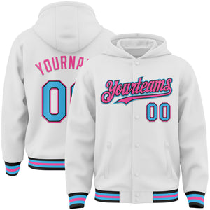 Custom White Sky Blue Black-Pink Bomber Full-Snap Varsity Letterman Hoodie Jacket