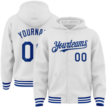 Load image into Gallery viewer, Custom White Royal Bomber Full-Snap Varsity Letterman Hoodie Jacket
